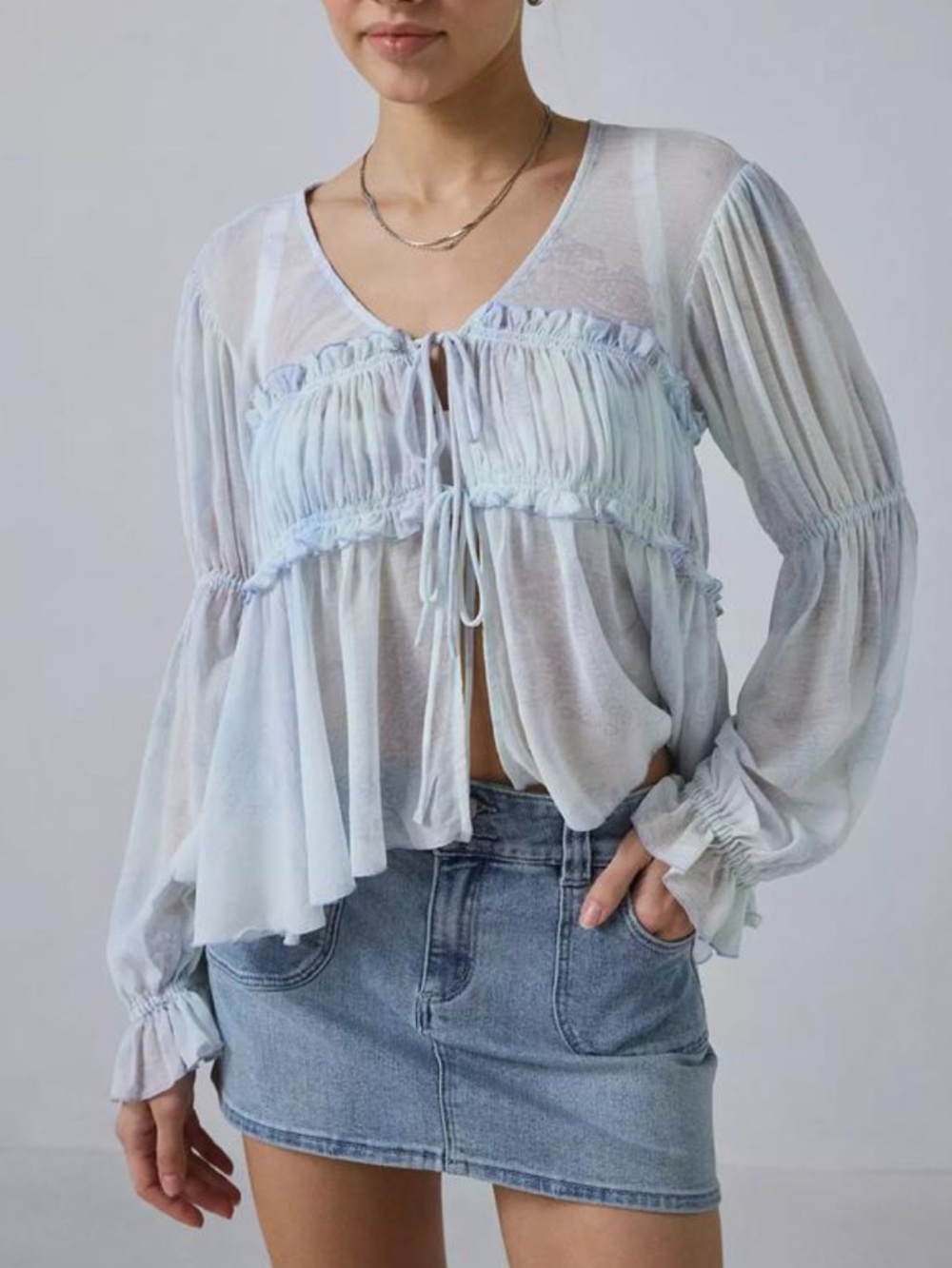 Kimchi Blue Amelia Sheer Tie-Front Peasant Blouse NEW